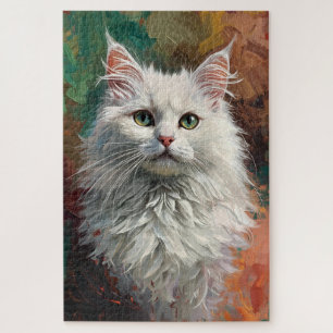 Artistic Angora Cat Portrait Vibrant Oil Painting Jigsaw Puzzle