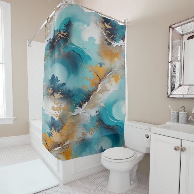 Artistic Asian Oriental Waves & Sceneries Shower Curtain (In Situ)