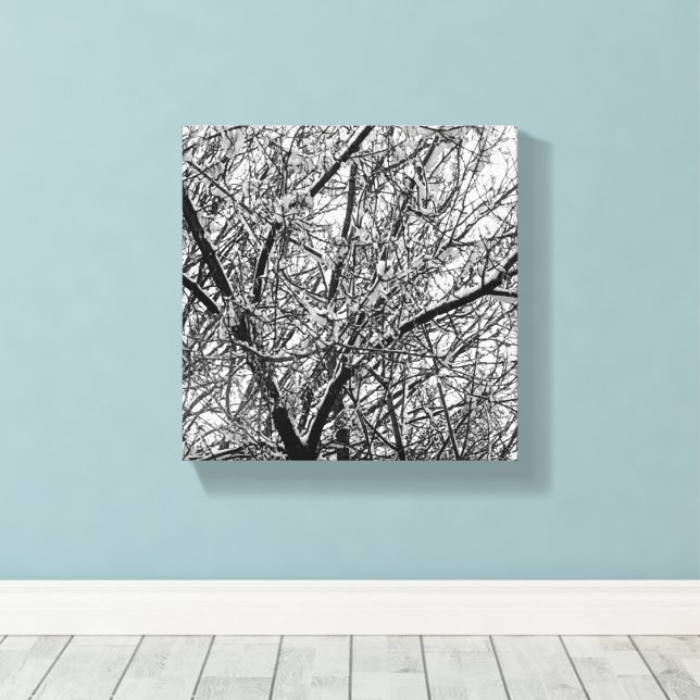 Artistic B & W Photo of Snow on Tree Branches Canvas Print (Insitu(Wood Floor))