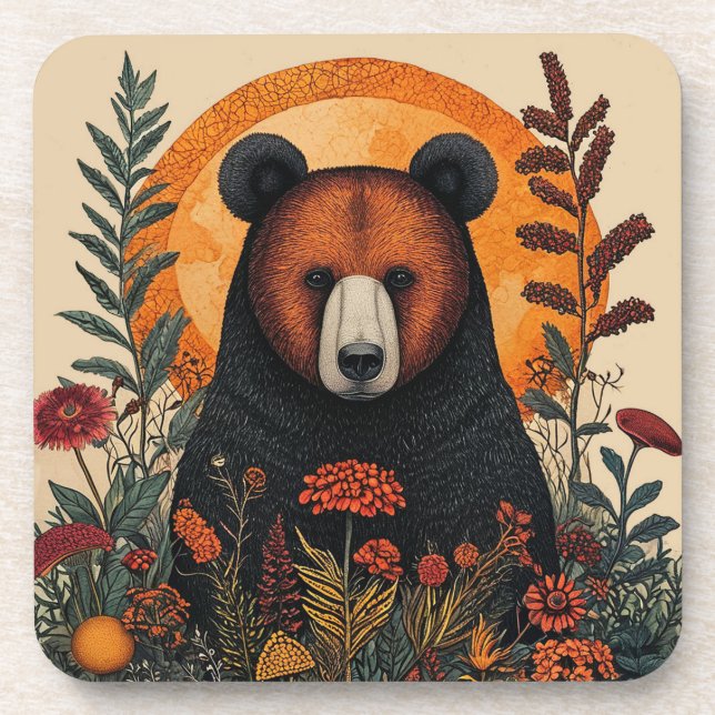 Artistic Bear Among Vibrant Botanical Flowers Coaster (Front)