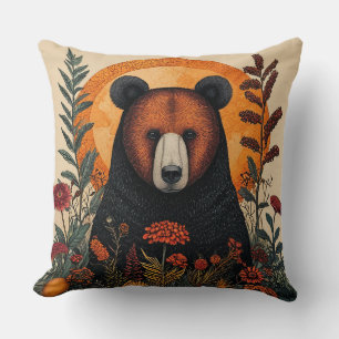 Artistic Bear Among Vibrant Botanical Flowers Cushion