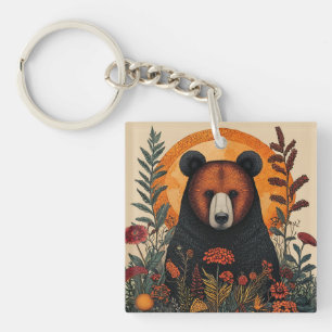 Artistic Bear Among Vibrant Botanical Flowers Key Ring