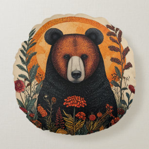 Artistic Bear Among Vibrant Botanical Flowers Round Cushion