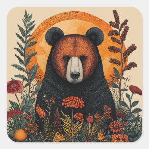 Artistic Bear Among Vibrant Botanical Flowers Square Sticker
