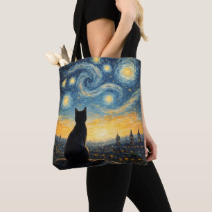 Artistic Black Cat & Celestial Town Reusable  Tote Bag