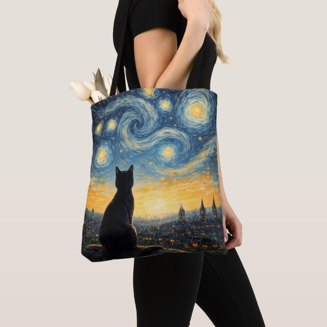 Artistic Black Cat & Celestial Town Reusable  Tote Bag (Close Up)