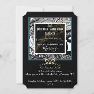 Artistic black white gold and teal line design