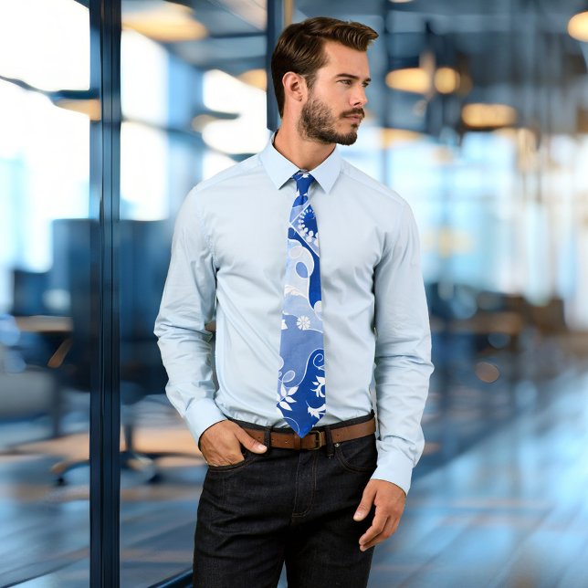 Artistic Blue and White Leaf Design Tie (A modern tie with an artistic abstract blue and white leaf design)