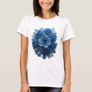 Artistic Blue BLUE ROSES Print T-Shirt