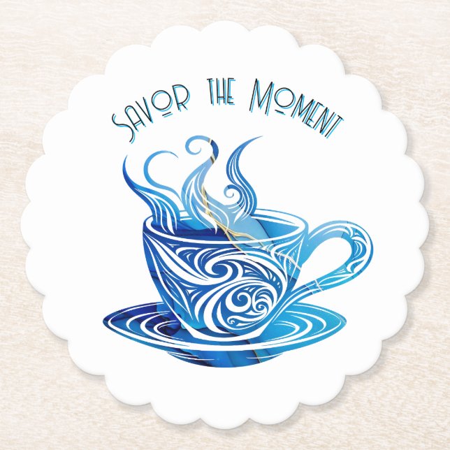 Artistic Blue Coffee Cup with Swirling Patterns Paper Coaster (Front)