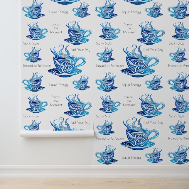 Artistic Blue Coffee Cup with Swirling Patterns Wallpaper (Application)
