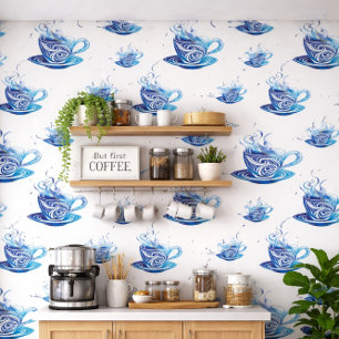 Artistic Blue Coffee Cup with Swirling Patterns Wallpaper