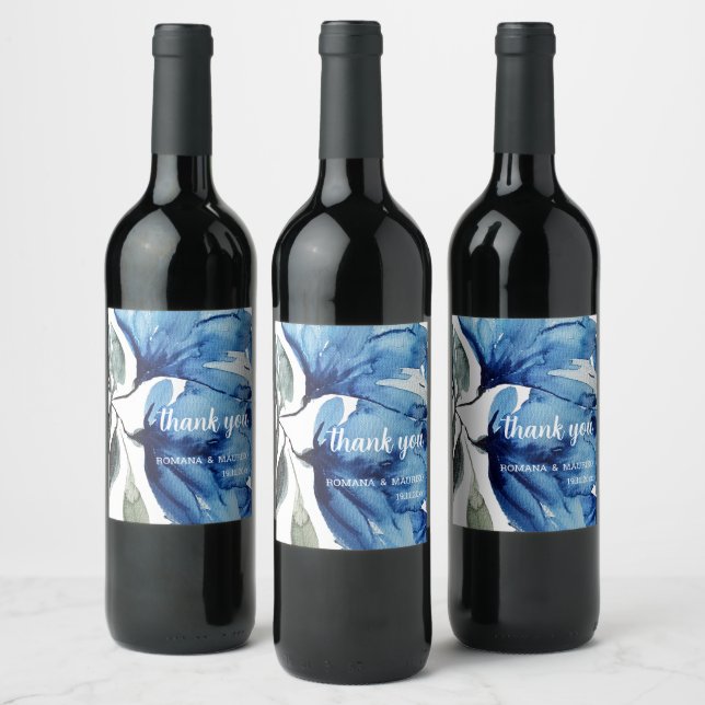Artistic Blue Floral Watercolor Hand-painted Wine Label (Bottles)