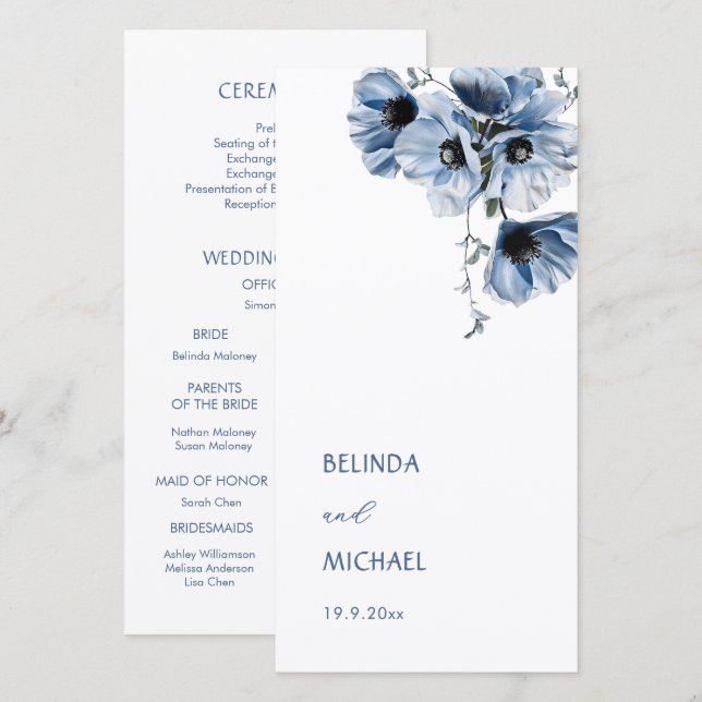 Artistic Blue Flowers | Wedding Program (Front/Back)
