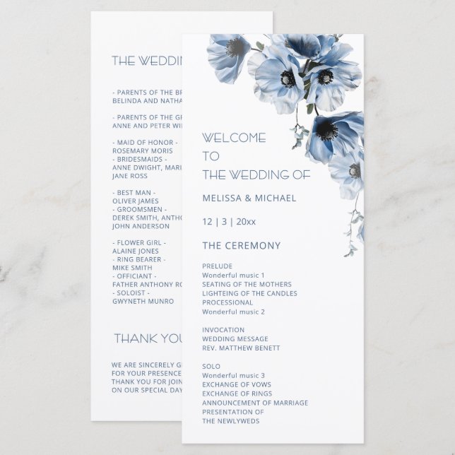 Artistic Blue Flowers Wedding Programme (Front/Back)
