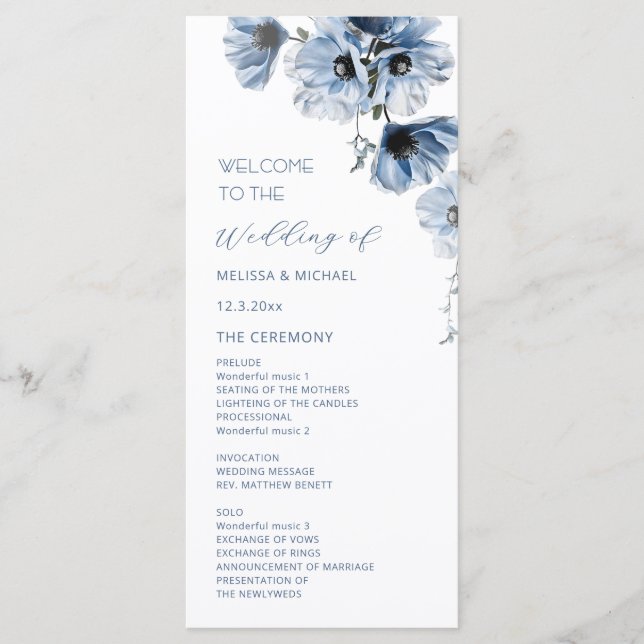 Artistic Blue Flowers Wedding Programme (Front)