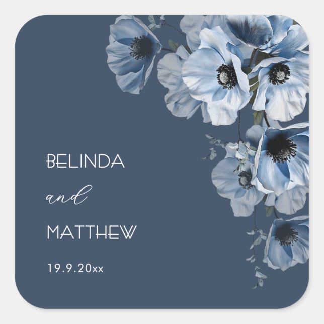 Artistic Blue Flowers | Wedding Square Sticker (Front)