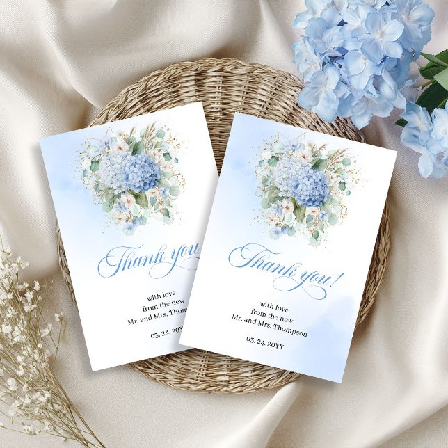 Artistic Blue Hydrangea Eucalyptus thank you card (Blue hydrangea wedding thank you,
Watercolor Soft pastel blue floral, 
bohemian boho romantic light )