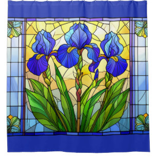 Artistic Blue Iris Floral Stained Glass Shower Curtain