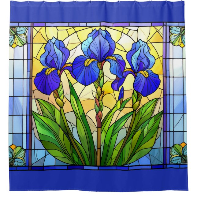 Artistic Blue Iris Floral Stained Glass  Shower Curtain (Front)
