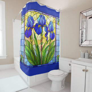 Artistic Blue Iris Floral Stained Glass  Shower Curtain