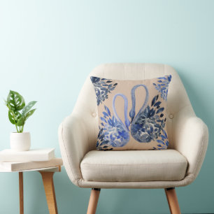 Artistic Blue Swans Watercolor Hand-painted Cushion