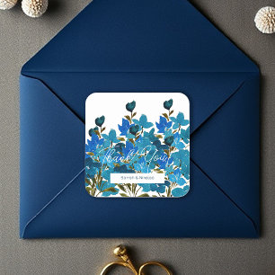 Artistic Blue Watercolor Wildflowers Monogrammed Square Sticker