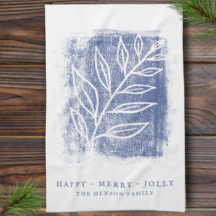 Artistic Blue White Twig Family Christmas Tea Towel