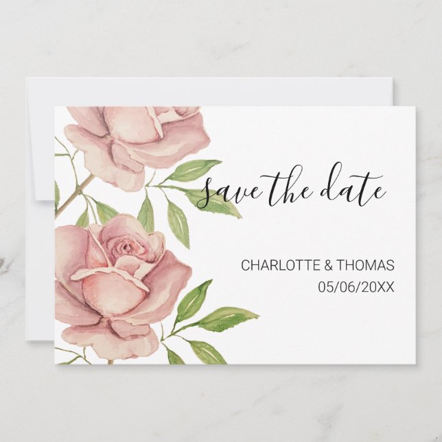 Artistic Blush Rose Watercolor Hand-painted Save The Date (Front)