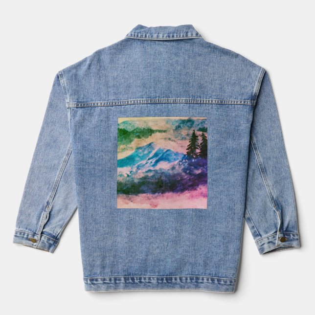 Artistic Blush Watercolor Mountains and Pine Trees Denim Jacket (Back)