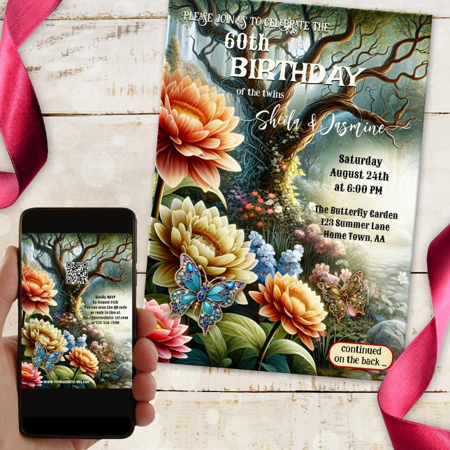 Artistic Bohemian Floral Twin Garden Birthday Invitation (Boho adult birthday party invitation featuring an artistic garden design with colorful flowers)