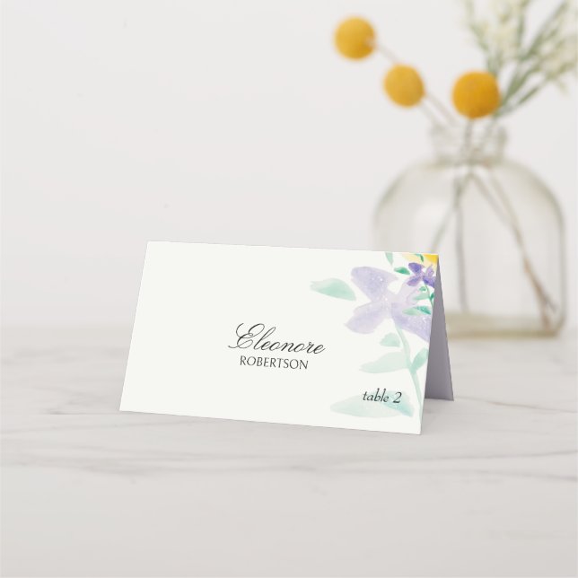 Artistic Boho Lilac Floral Watercolor Monogram Place Card (Front)