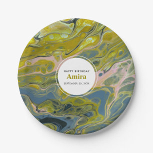 Artistic Boho Lime Green & Blue Marble Birthday Paper Plate