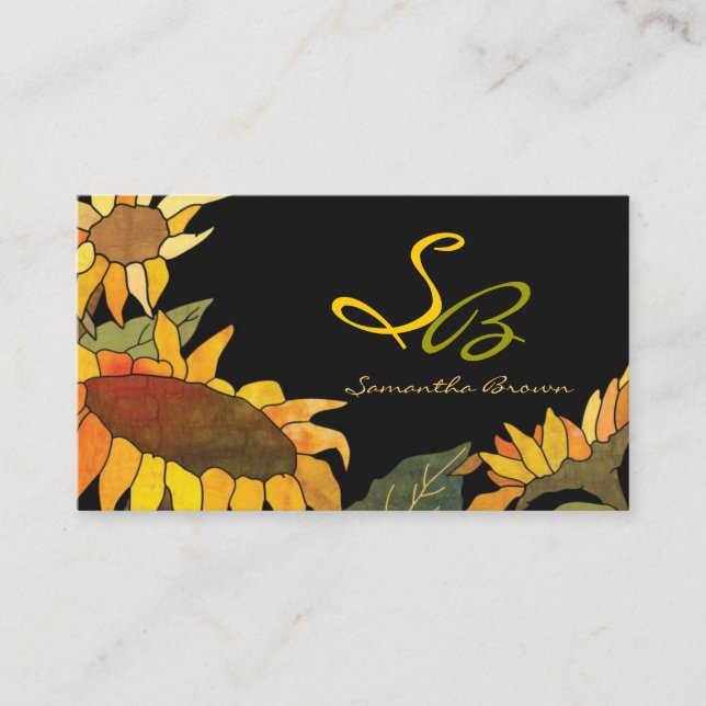 Artistic Bold Sunflowers Monogram Business Card (Front)