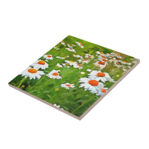 Artistic Bright and Colourful White Garden Daisies Tile