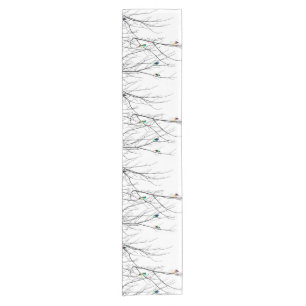 Artistic Bright Birds on Tree Branches Short Table Runner