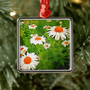 Artistic Bright Colourful White Garden Daisies v4b Metal Tree Decoration