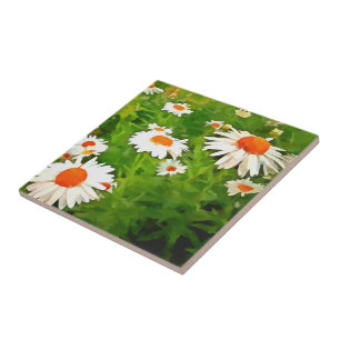 Artistic Bright Colourful White Garden Daisies v4b Tile