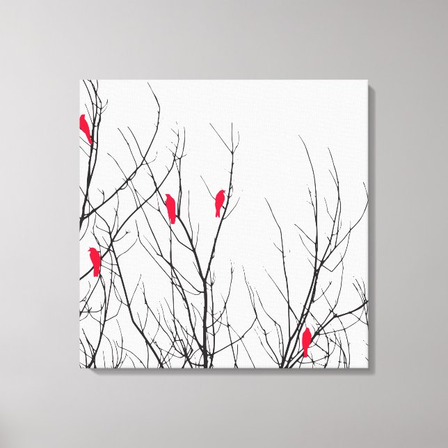 Artistic Bright Red Birds on Tree Branches Canvas Print (Front)