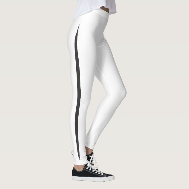 Artistic Brush Side Stripe Elegant Black on White Leggings (Right)
