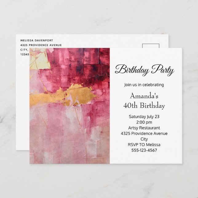Artistic Brush Strokes Gold and Pink Birthday Invitation Postcard (Front/Back)