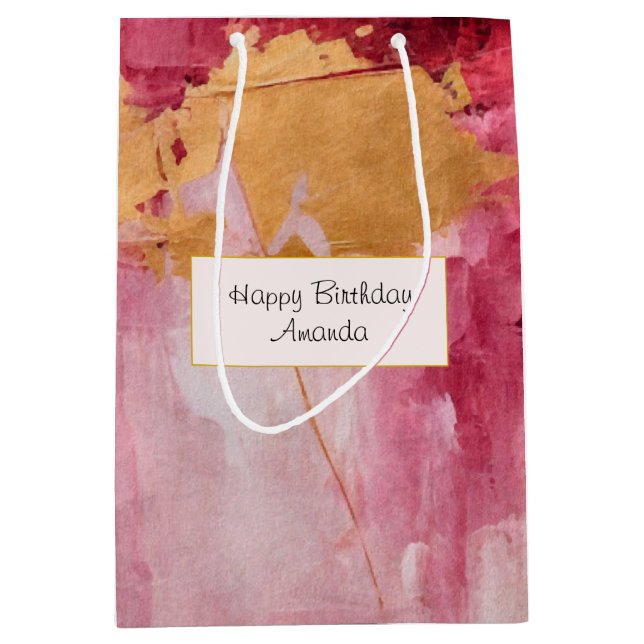 Artistic Brush Strokes Gold and Pink Birthday Medium Gift Bag (Front)