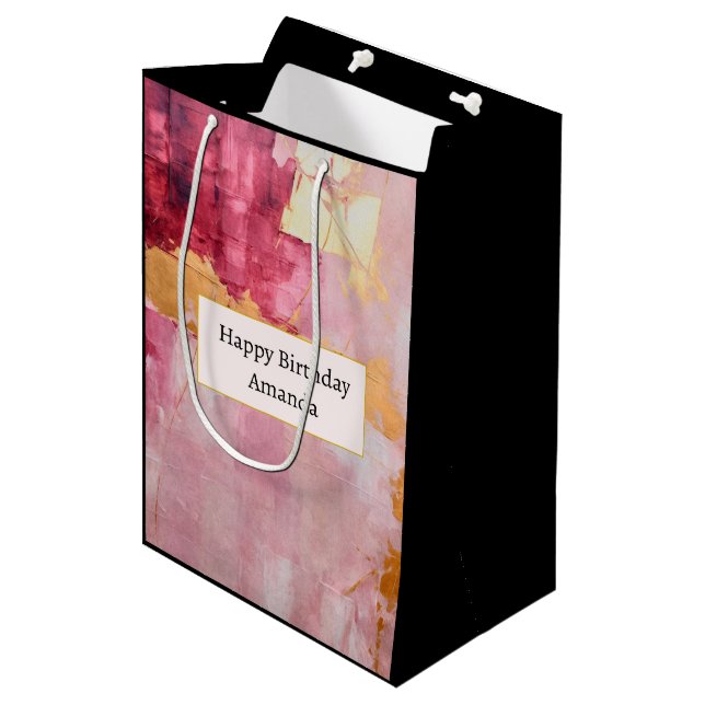 Artistic Brush Strokes Gold and Pink Birthday Medium Gift Bag (Front Angled)