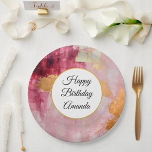 Artistic Brush Strokes Gold and Pink Birthday Paper Plate