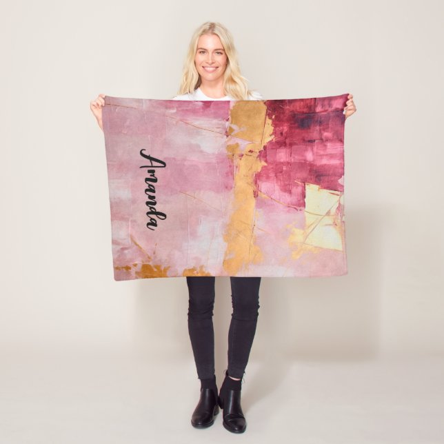 Artistic Brush Strokes Gold and Pink Fleece Blanket (In Situ)
