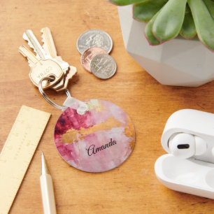 Artistic Brush Strokes Gold and Pink Key Ring