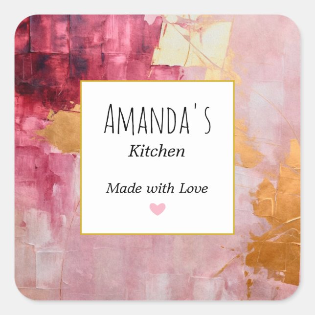 Artistic Brush Strokes Gold and Pink Kitchen Square Sticker (Front)