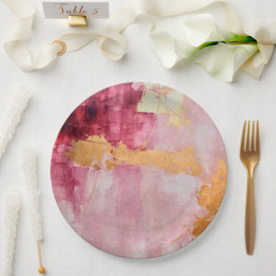 Artistic Brush Strokes Gold and Pink Paper Plate