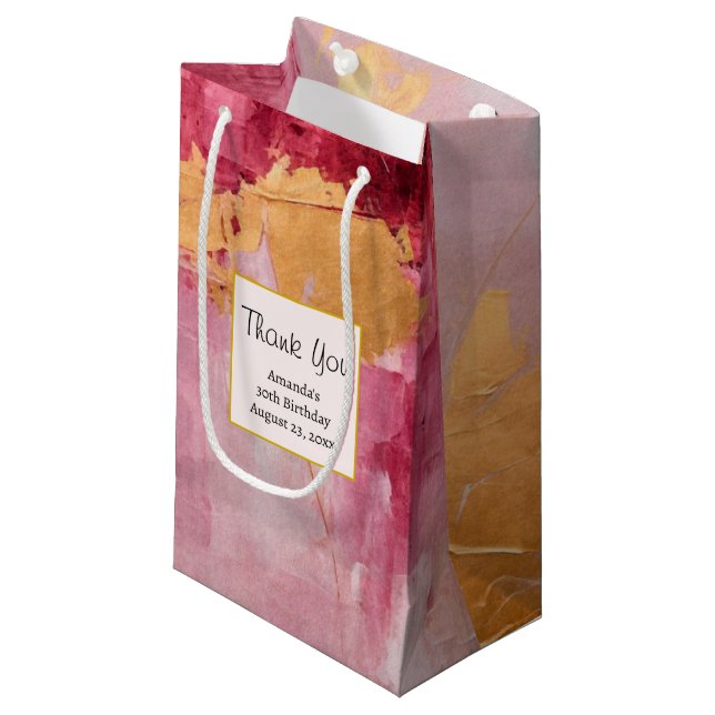 Artistic Brush Strokes Gold and Pink Thank You Small Gift Bag (Front Angled)