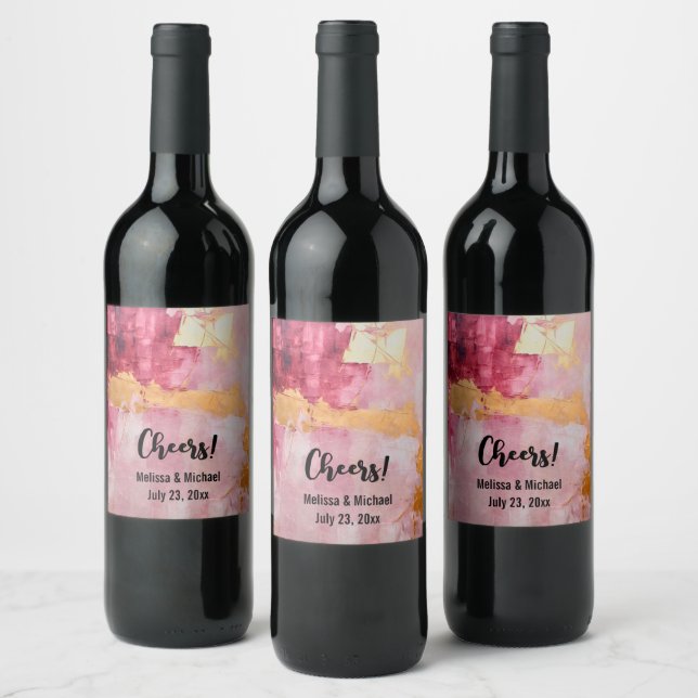 Artistic Brush Strokes Gold and Pink Wedding Wine Label (Bottles)